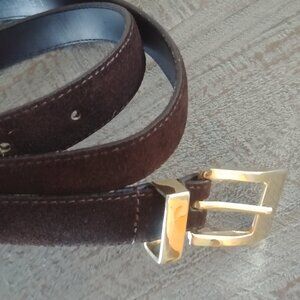 Laura Plus 2X made in Canada real suede leather chocolate brown belt gold buckle